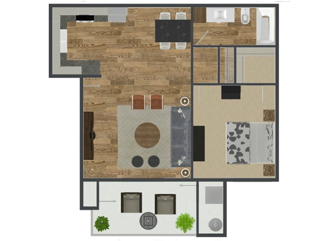 Floor plan for 1 bed, 1 bath, 751 sqft